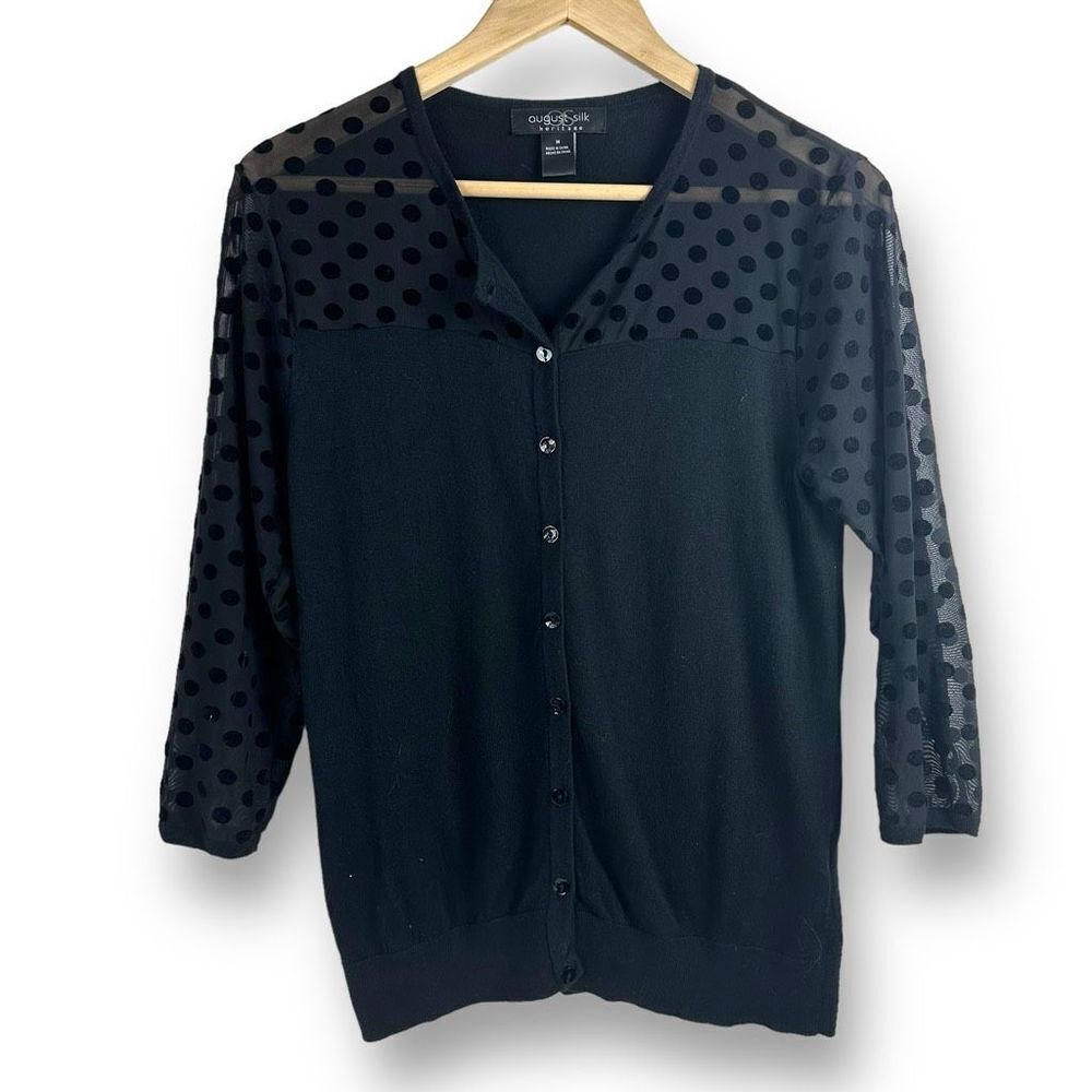 August Silk Womens Size M Button Front Cardigan Black And Mesh Polka Dot Sleeves